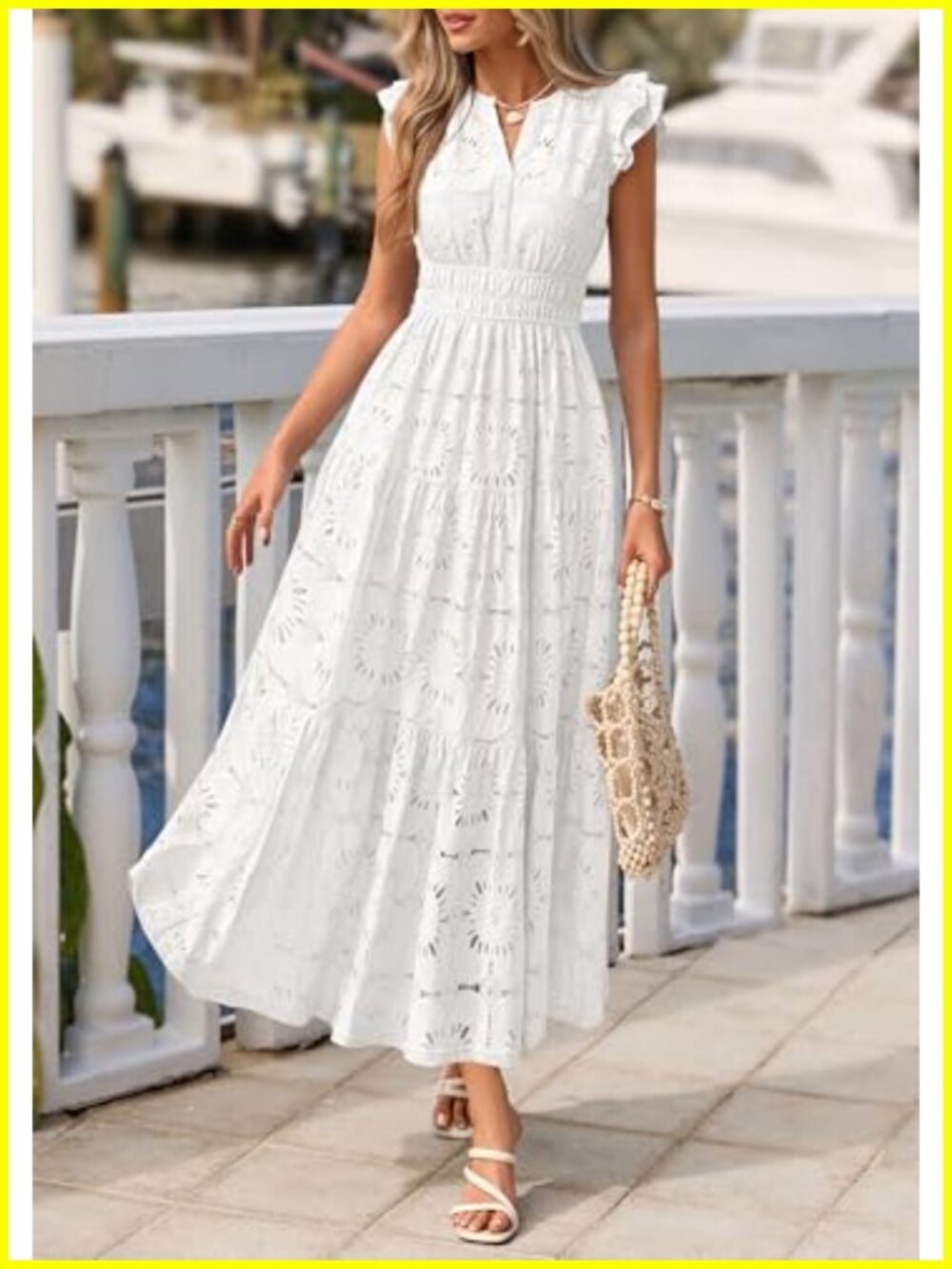 Women's Boho Eyelet Maxi Dress V-Neck Flutter Sleeve - Picture 5 of 6